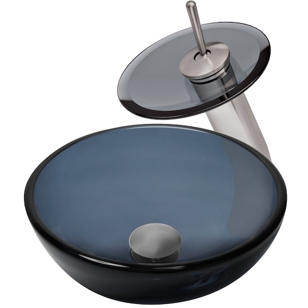 Novatto Clear Grey Mini Glass Vessel Bath Sink and Faucet Set, Brushed Nickel NSFC-168G-1217003BNS - main